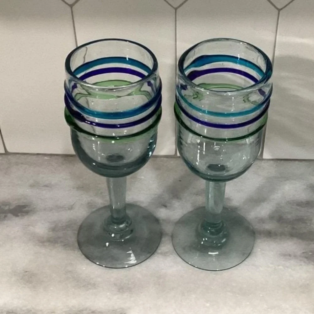 Pier 1 Imports Water Goblets, Set‎ of 2, Vintage Hand Blown Multicolor Rings